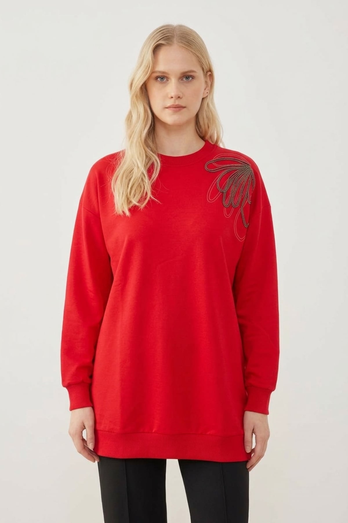 Tek Omuz İşlemeli İnce Sweat Tunik 3494 Kırmızı Tunik Ekrutex 
