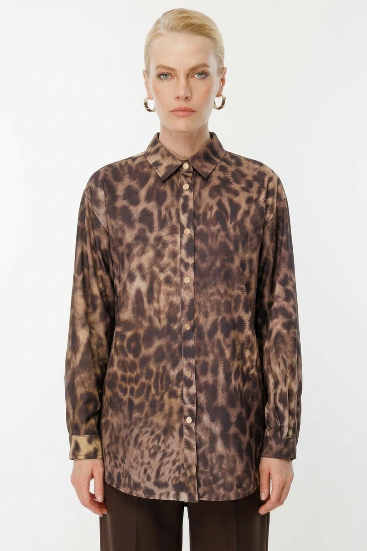 Ghisa Leopar Baskılı Gömlek Tunik 4520 Kahve Tunik GHİSA 