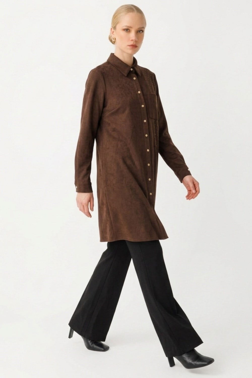 Armine Trend 26KT445 Bir Yanı Taş Baskılı Tunik Kahverengi Tunik ARMİNE TREND 