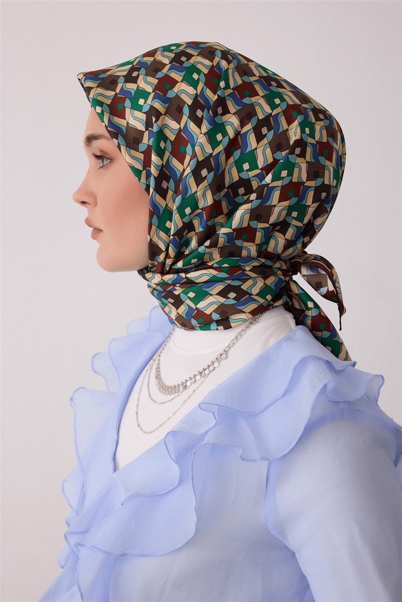 Belli 4402 Prizma Kafes Geometrik %100 Twill İpek Eşarp - Acı Kahve Eşarp BELLI 