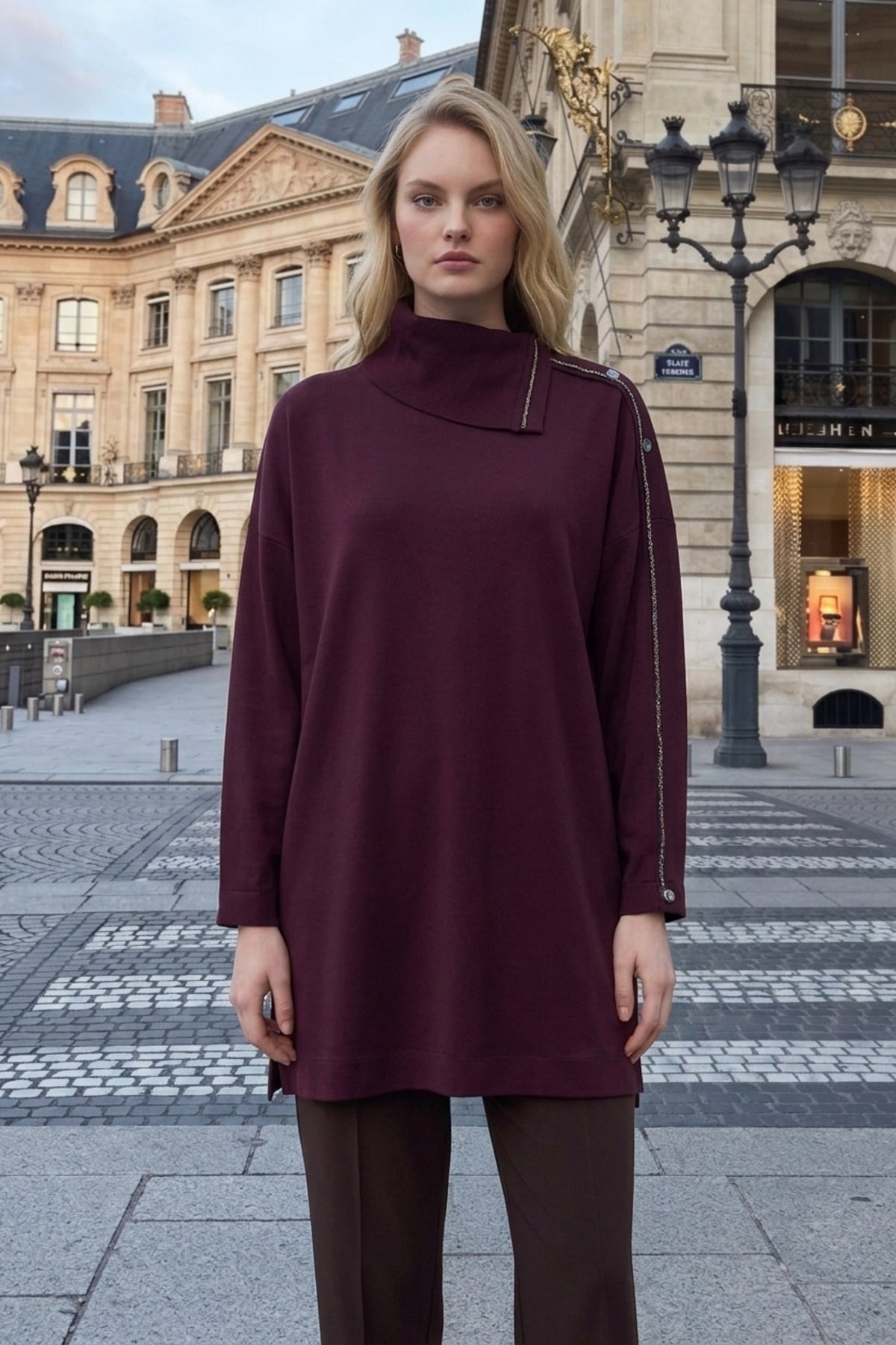 Avenna 26KA411 Yakası Triko Garnili Tunik Bordo Tunik ARMİNE TREND 