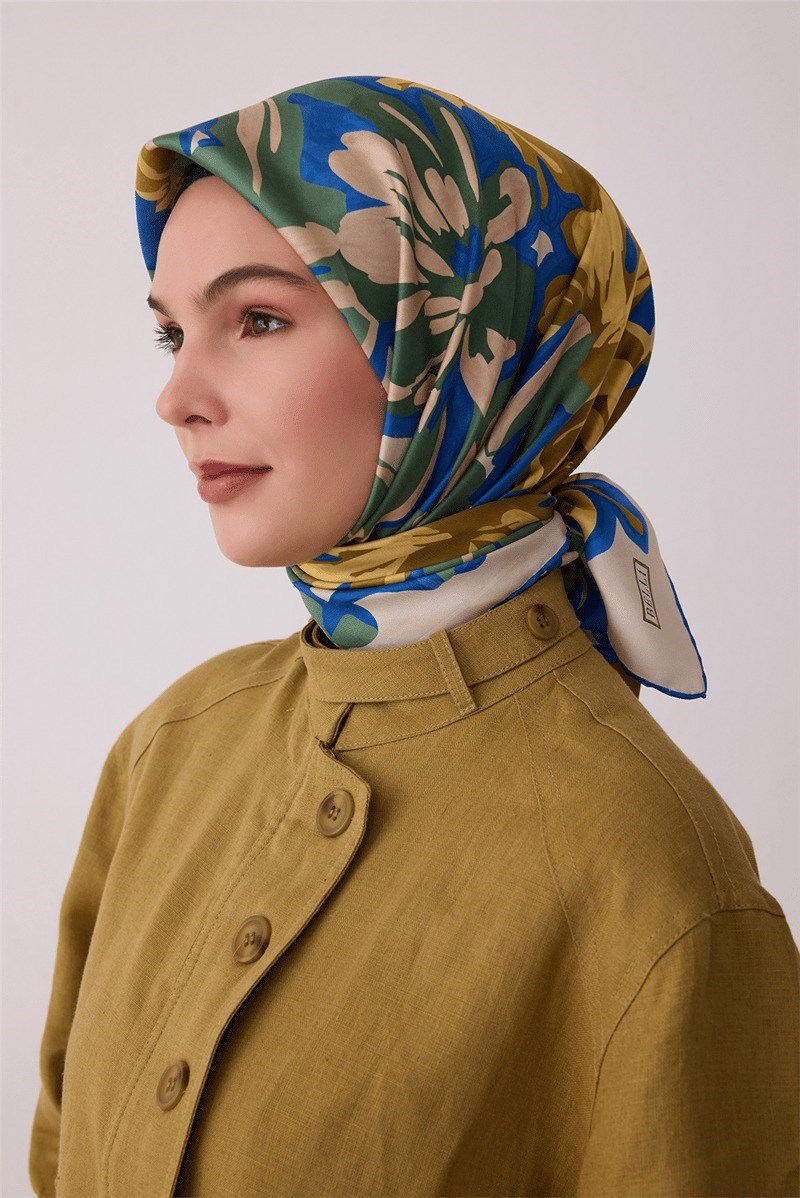 Belli 4416 Yapraklı Gül Çiçekli %100 Twill İpek Eşarp - Mavi Eşarp BELLI 