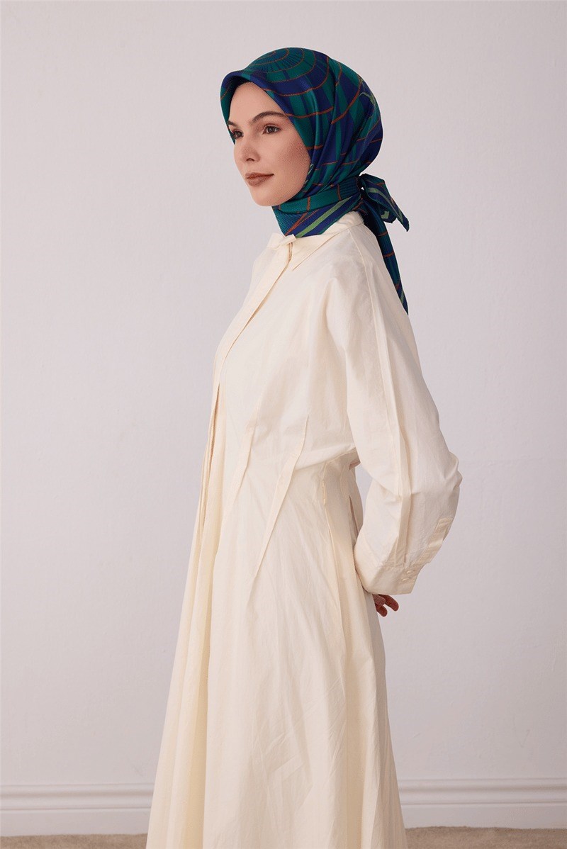 Belli 4411 Kristal Kafes Geometrik %100 Twill İpek Eşarp - Petrol Eşarp BELLI 