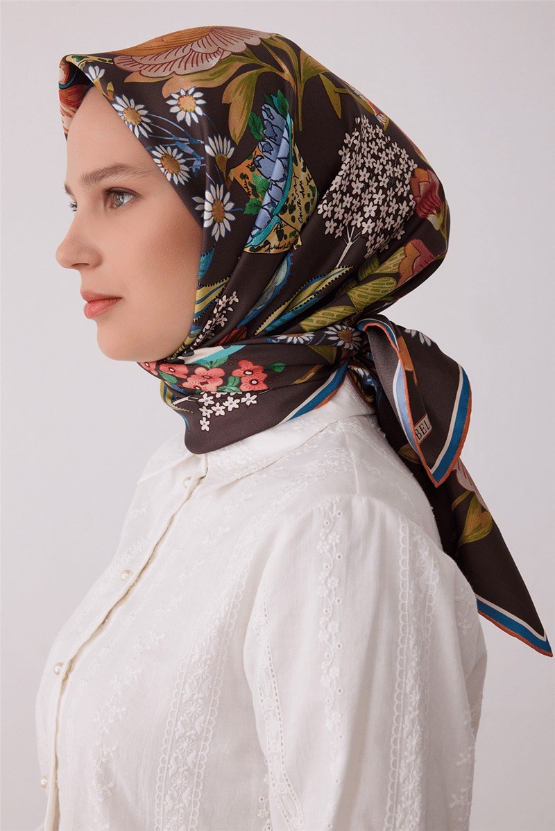 Belli 4415 Çiçek Buketi Çiçekli %100 Twill İpek Eşarp - Kahve Eşarp BELLI 