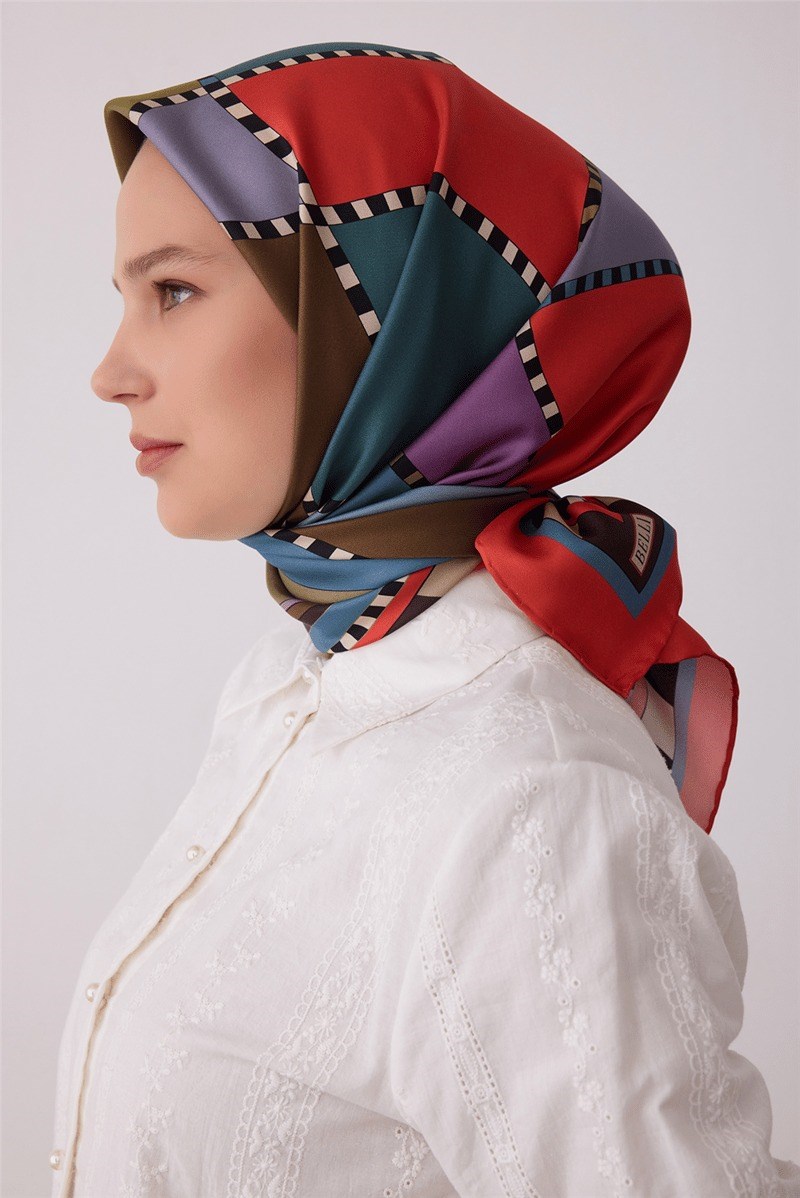 Belli 4419 Simetrik Mozaik Geometrik %100 Twill İpek Eşarp Mercan Eşarp BELLI 