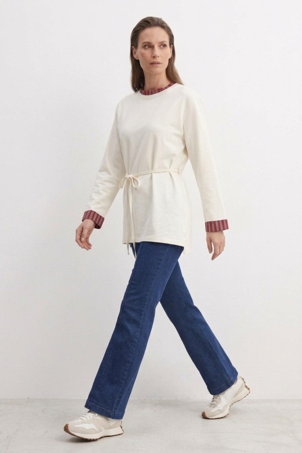 Yaka ve Kolları Çizgi Garnili Tunik 3521 Ekru Tunik Ekrutex 
