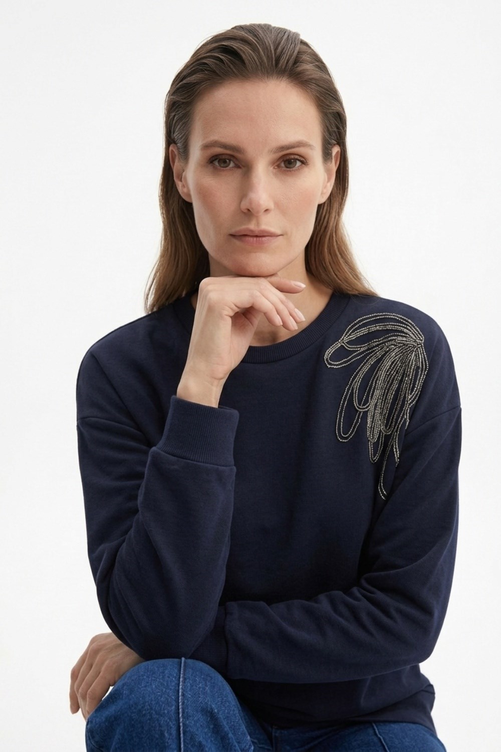 Tek Omuz İşlemeli İnce Sweat Tunik 3494 Lacivert Tunik Ekrutex 