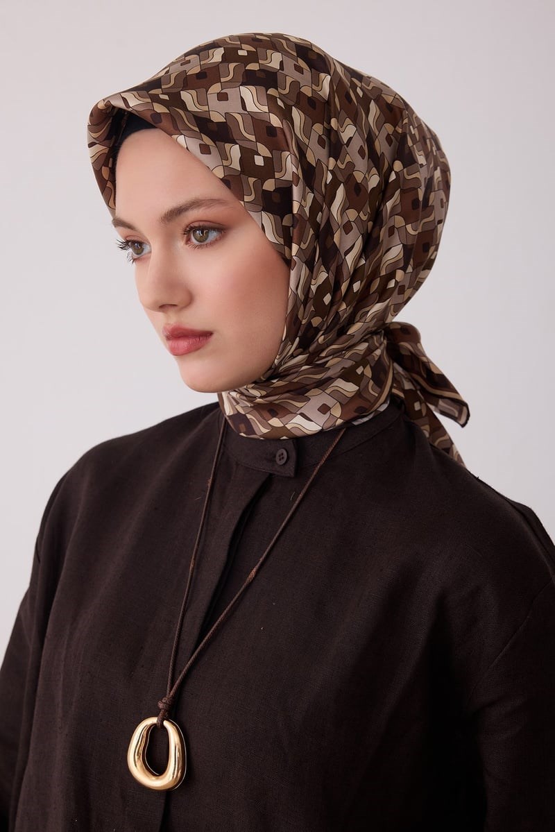 Belli 4402 Prizma Kafes Geometrik %100 Twill İpek Eşarp - Vizon Eşarp BELLI 