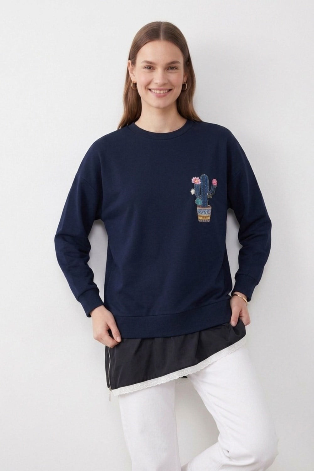 Etek Ucu Dantel Detay Kaktüs Tunik 10818 F.Navy Tunik PUANE 