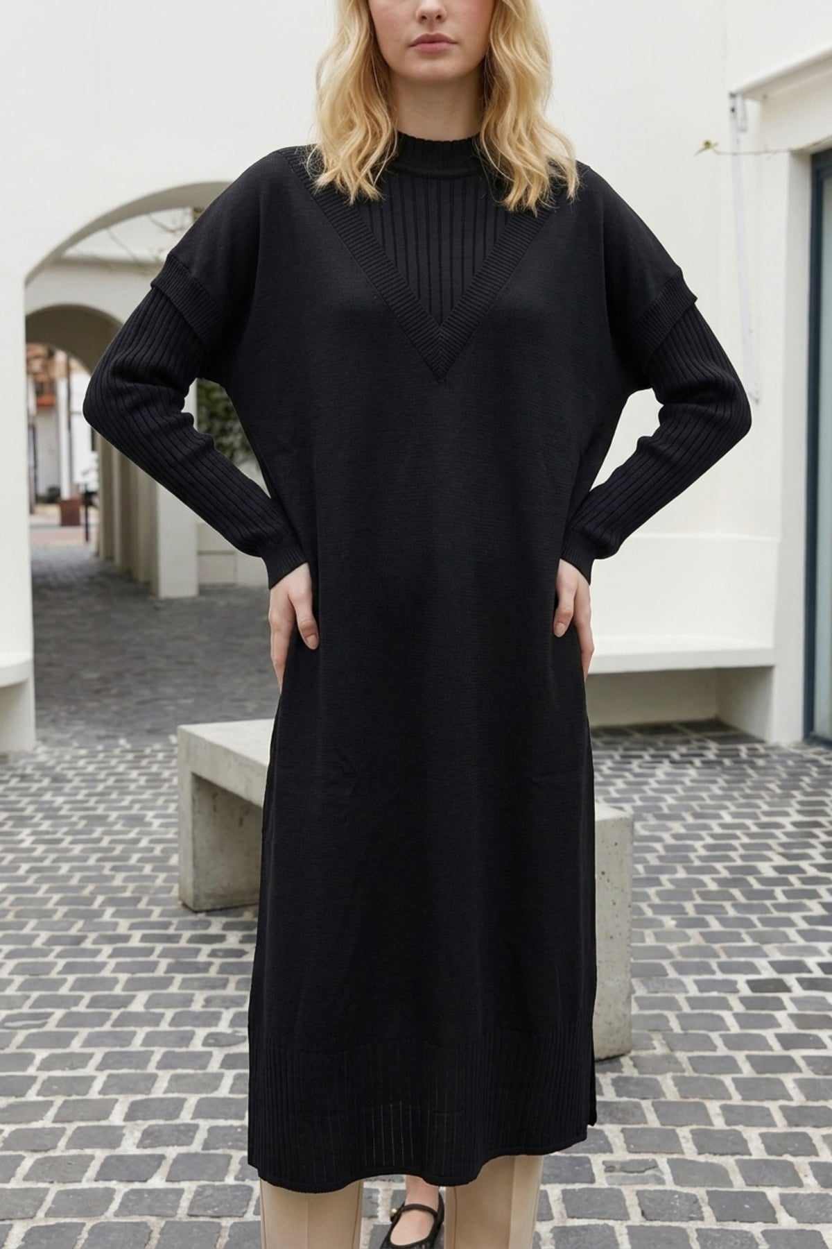 Ön V Detay Uzun Tunik 35326 Siyah Tunik Miss Knit 