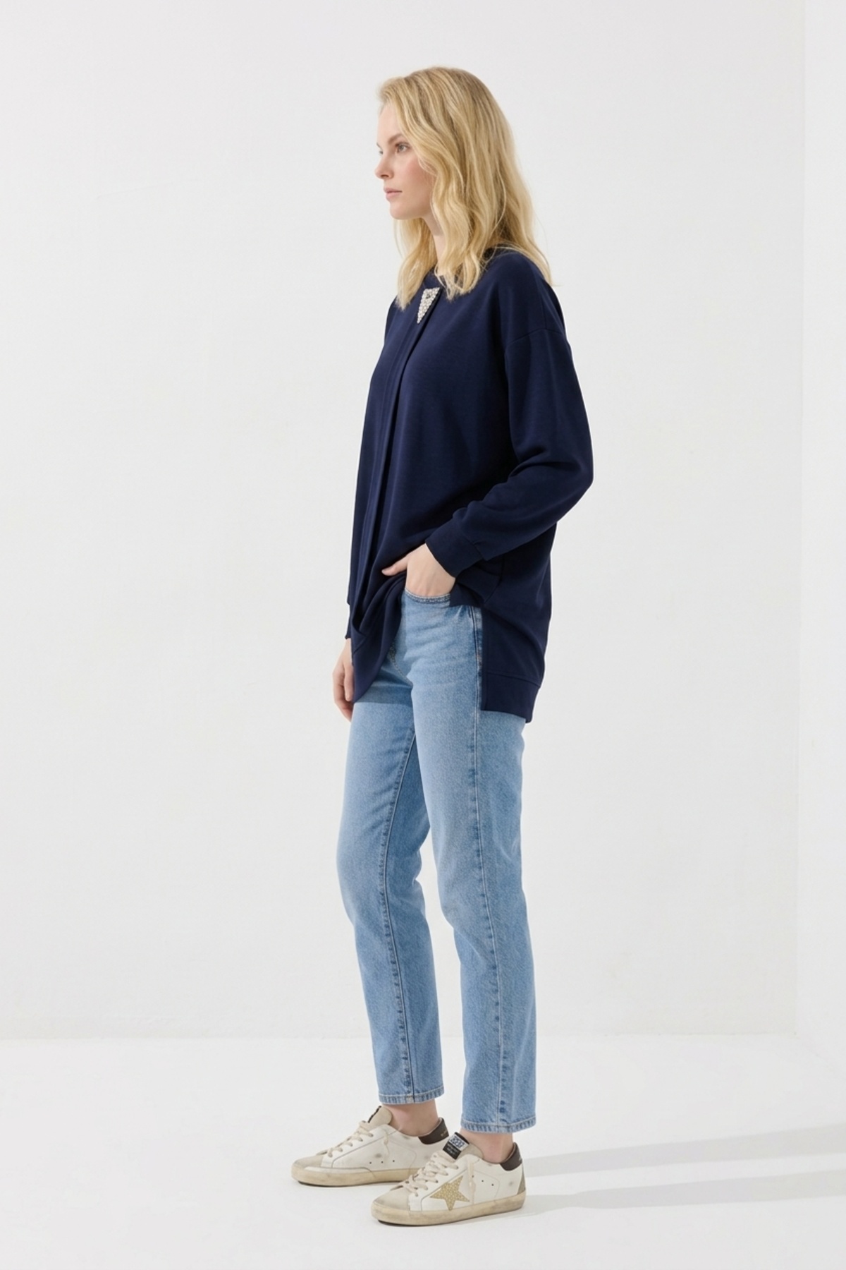 Ön Taş Baskılı Tunik 10821 F.Navy Tunik PUANE 