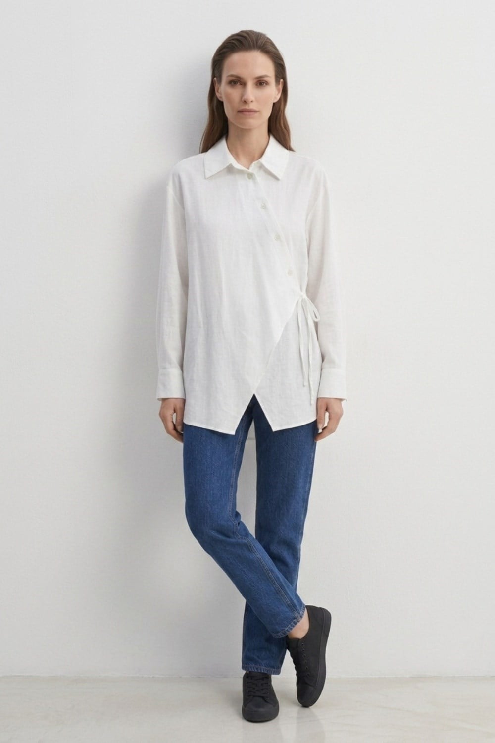 Asimetrik Bağlamalı Gömlek 0036894 - Ekru Tunik İKOLL 