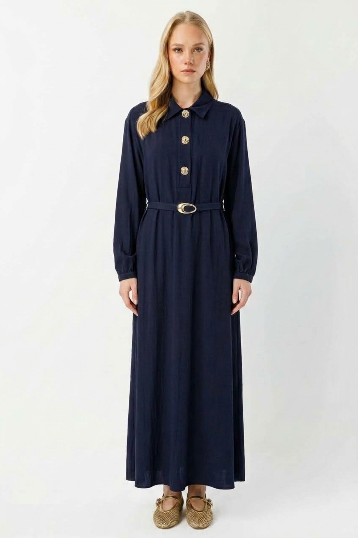Düğme Detaylı Denim Görünümlü Elbise 0037052 Lacivert Elbise İKOLL 