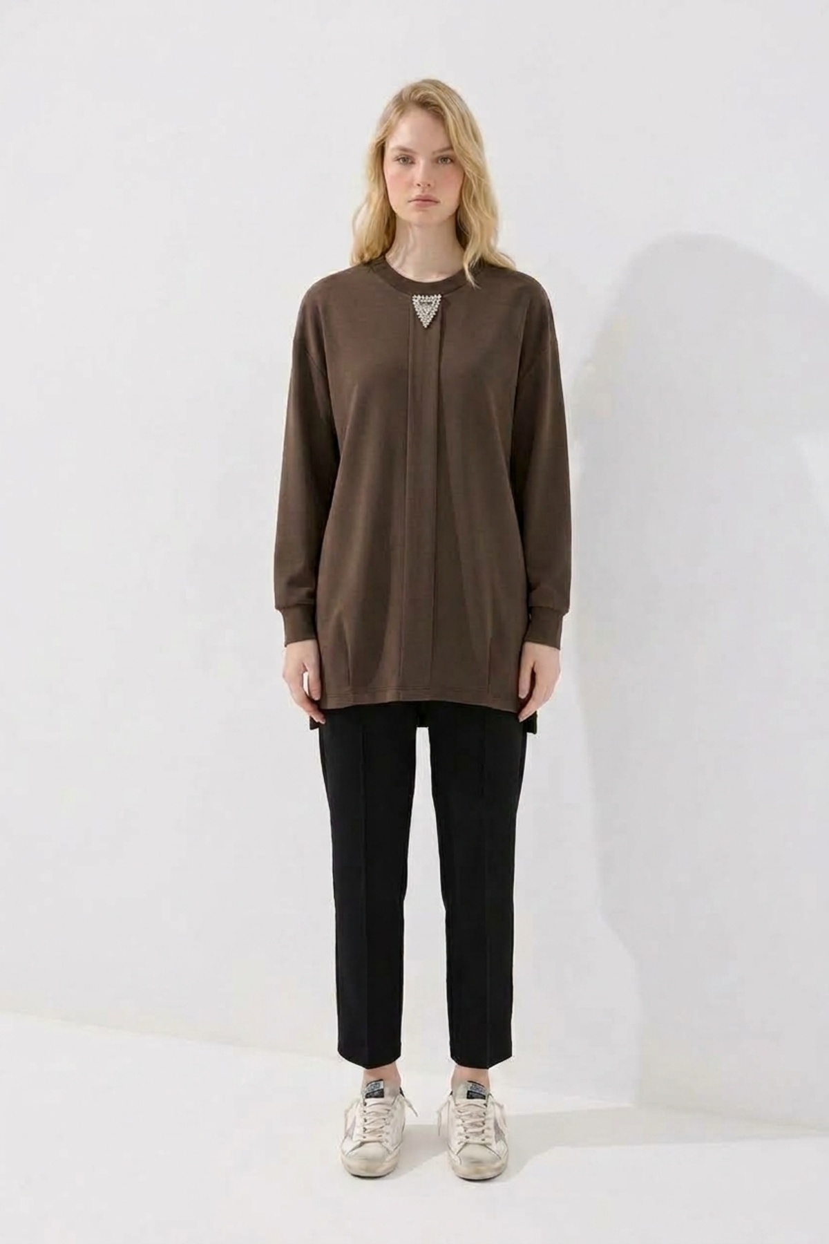 Ön Taş Baskılı Tunik 10821 Browni Tunik PUANE 