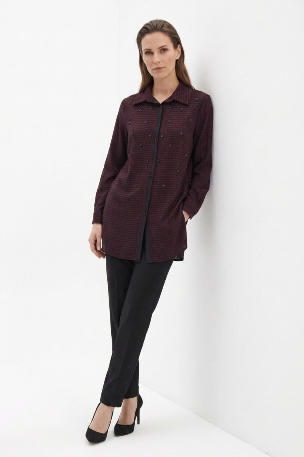 Fuat Gürşen 6304 Serpme Taş İşlemeli Tunik - Bordo Tunik FUAT GÜRŞEN 