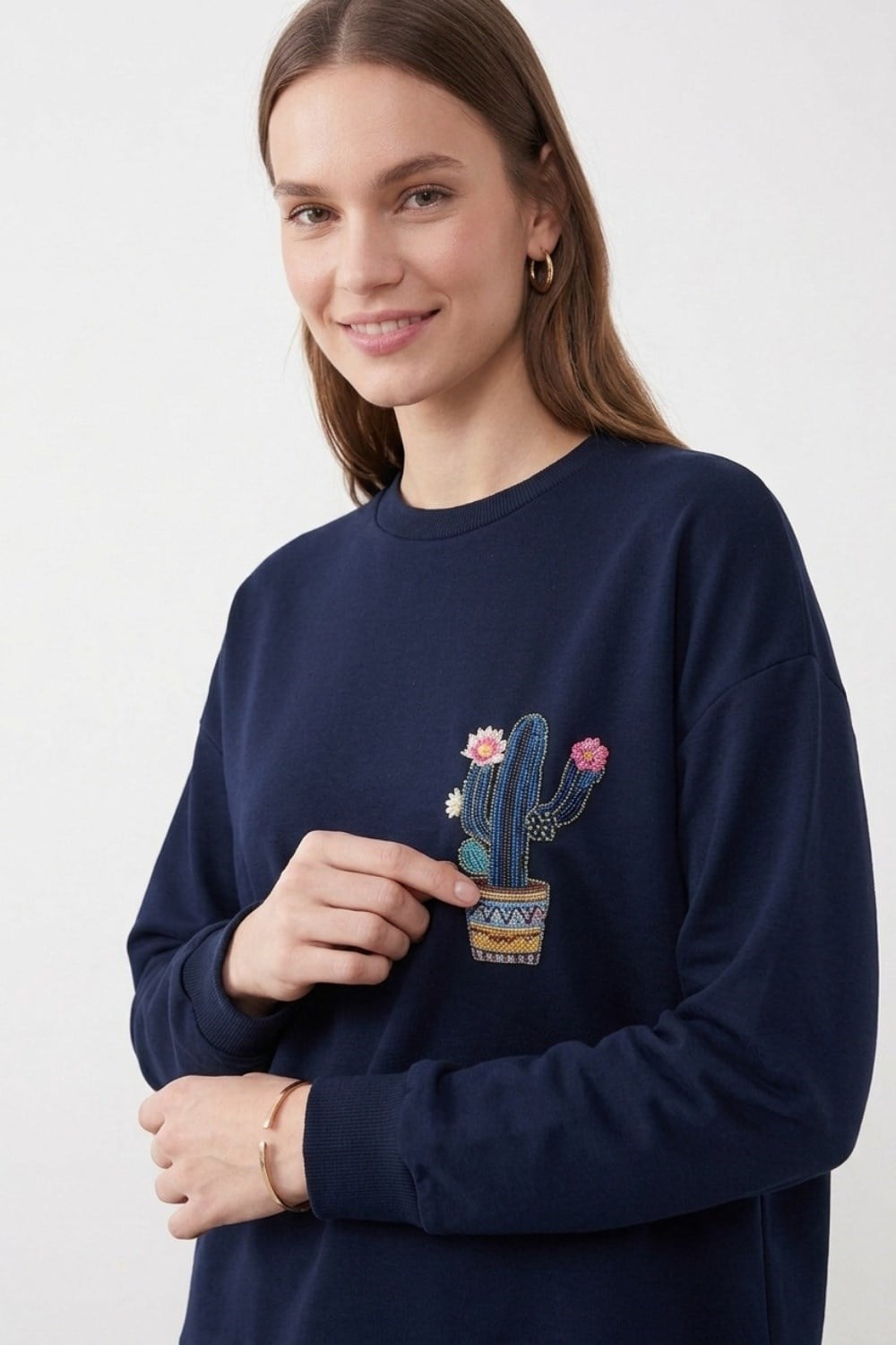 Etek Ucu Dantel Detay Kaktüs Tunik 10818 F.Navy Tunik PUANE 