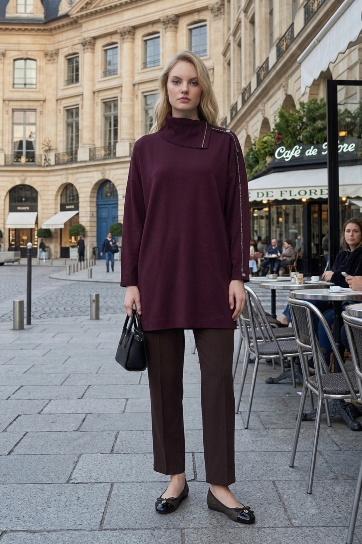 Avenna 26KA411 Yakası Triko Garnili Tunik Bordo Tunik ARMİNE TREND 
