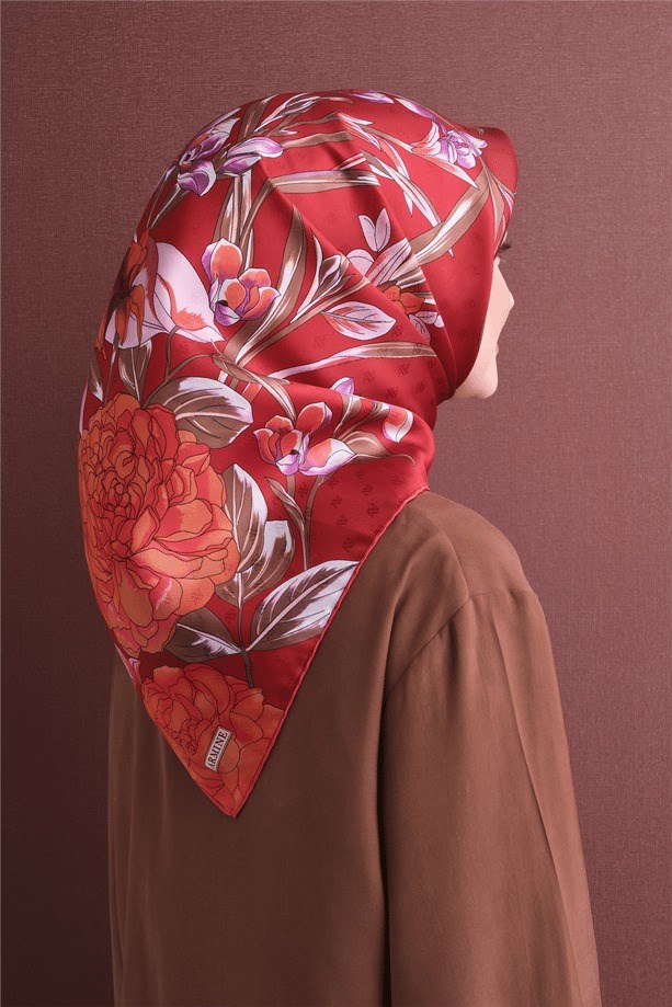 Armine Dj Saf Jakar İpek Eşarp 9608D (J) - Kırmızı Eşarp ARMİNE 