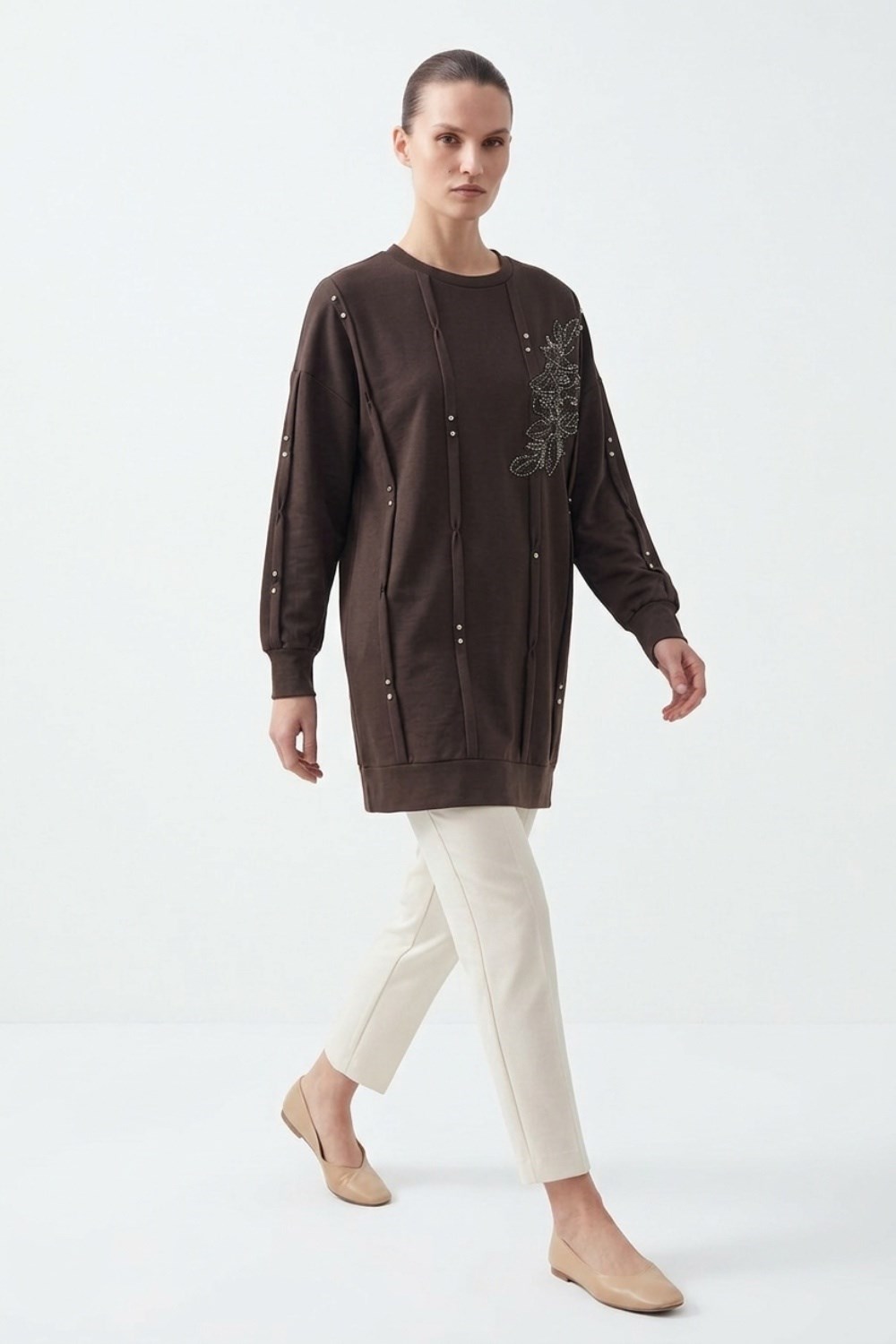 Bir Yanı İşlemeli Taşlı Tunik 10814 Browni Tunik PUANE 