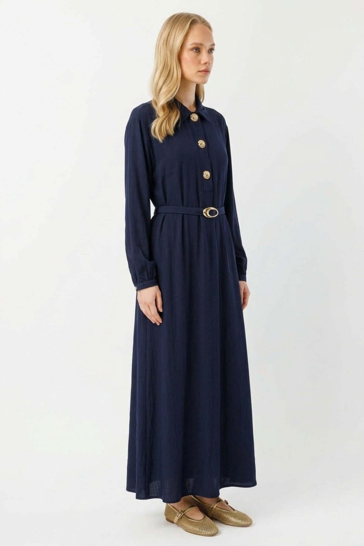 Düğme Detaylı Denim Görünümlü Elbise 0037052 Lacivert Elbise İKOLL 