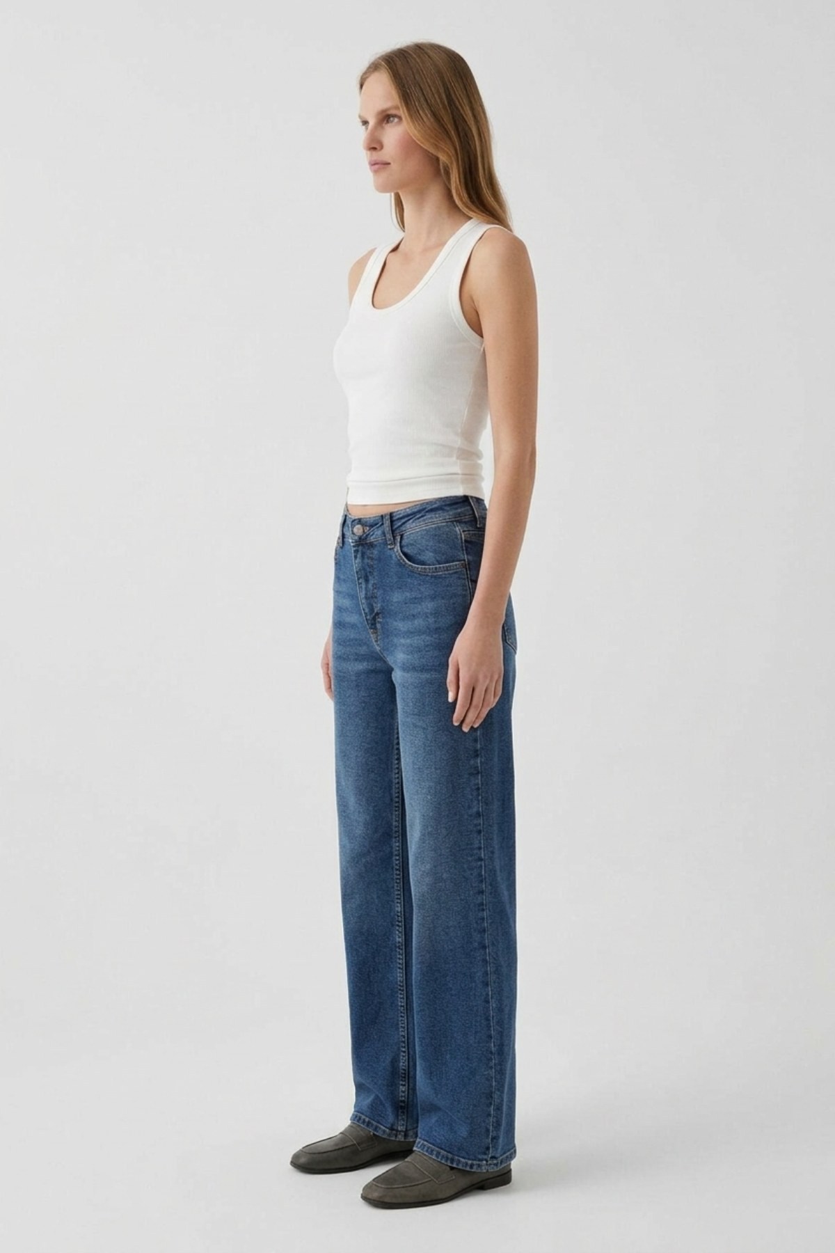 Dikiş Detaylı Bol Paça Relax Kot Pantolon 7026 Koyu Mavi Kot Pantolon XLove Jeans 