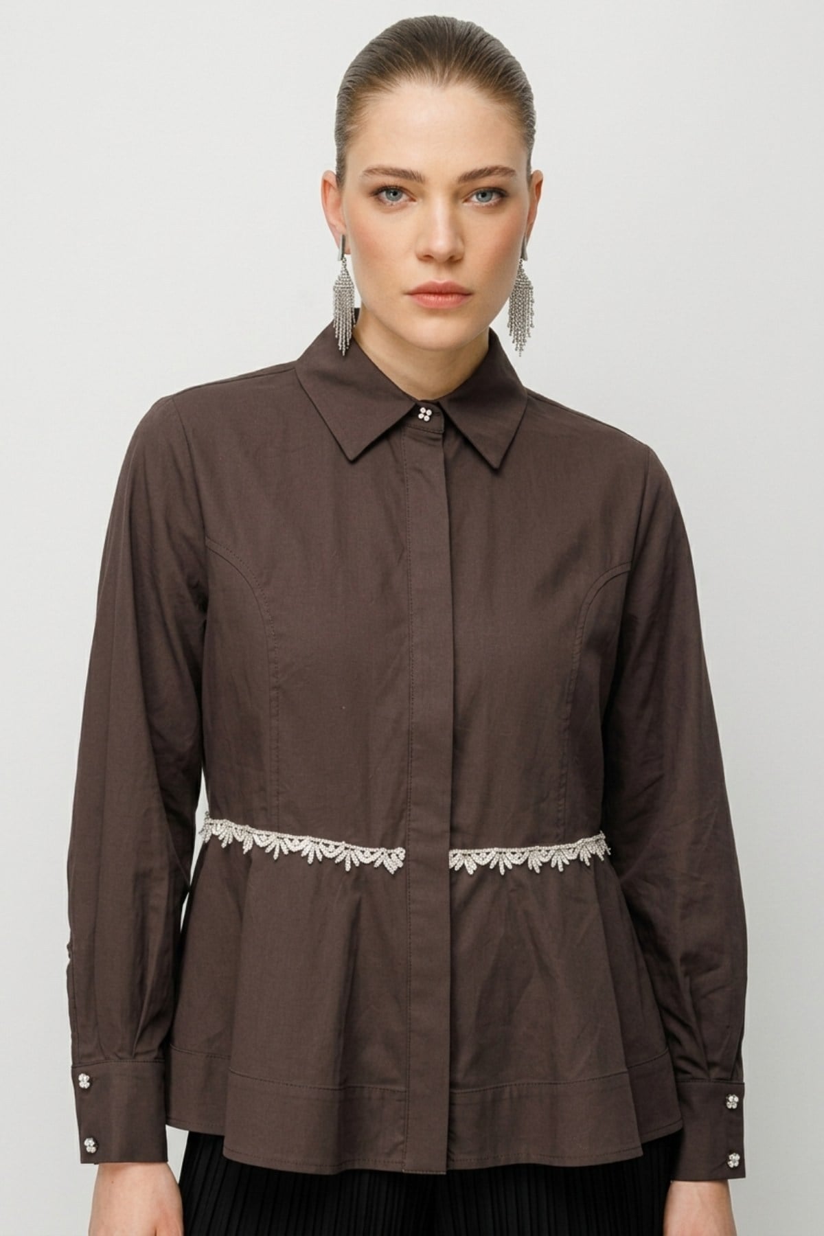 Ghisa Beli Taş İşlemeli Gömlek Tunik 4498 Kahve Tunik GHİSA 