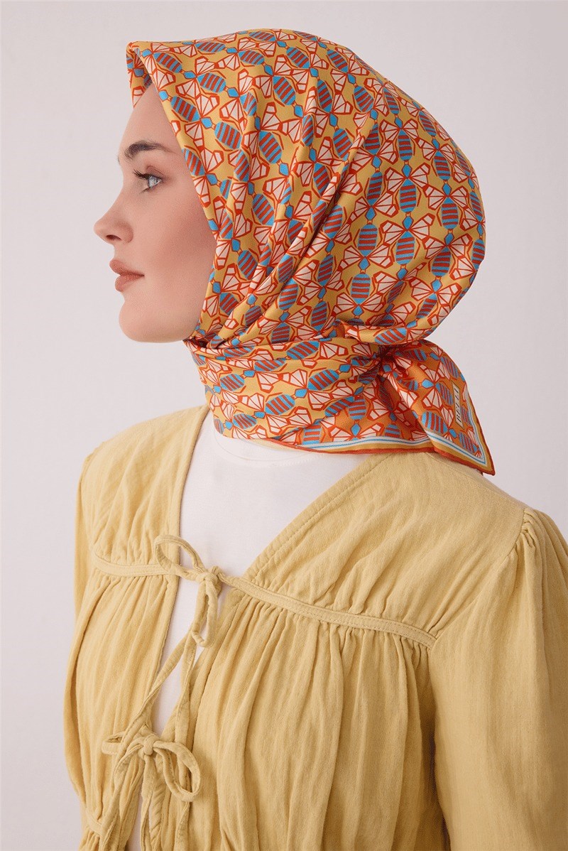 Belli 4403 Döngü Labirent Geometrik %100 Twill İpek Eşarp - Turuncu Eşarp BELLI 