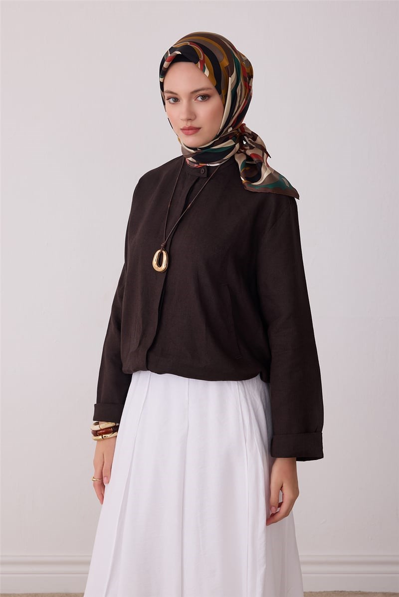 Belli 4414 Dalga Katmanları Soyut %100 Twill İpek Eşarp Sütlü Kahve Eşarp BELLI 