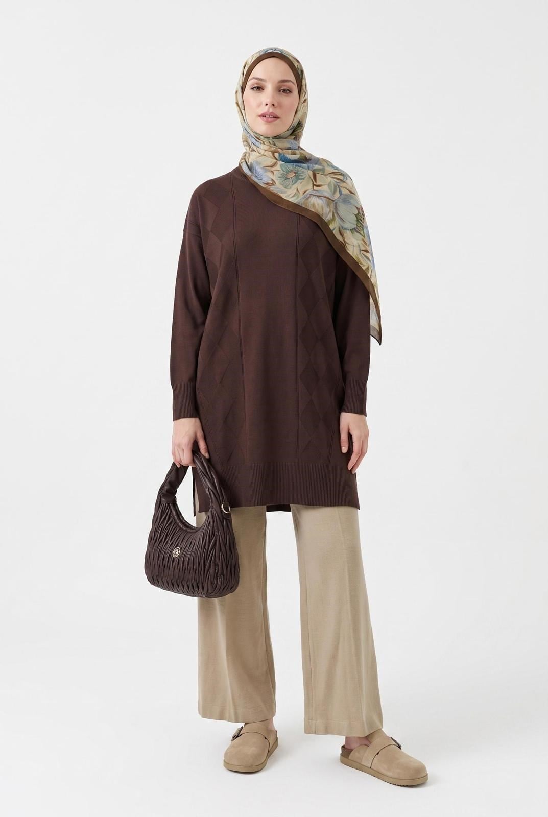 Armine Trend 26KAD406 Baklava Desen Tunik Kahverengi Tunik ARMİNE TREND 