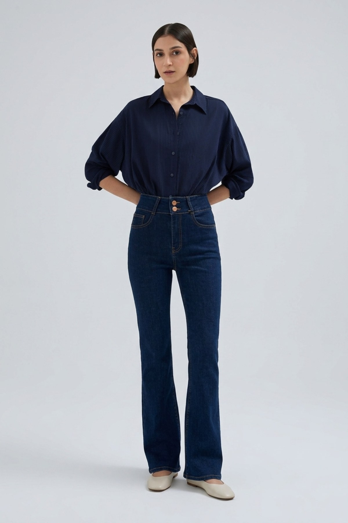 Pensli Geniş Kemerli Kot Pantolon 7151 Slaplı Lacivert Pantolon XLove Jeans 