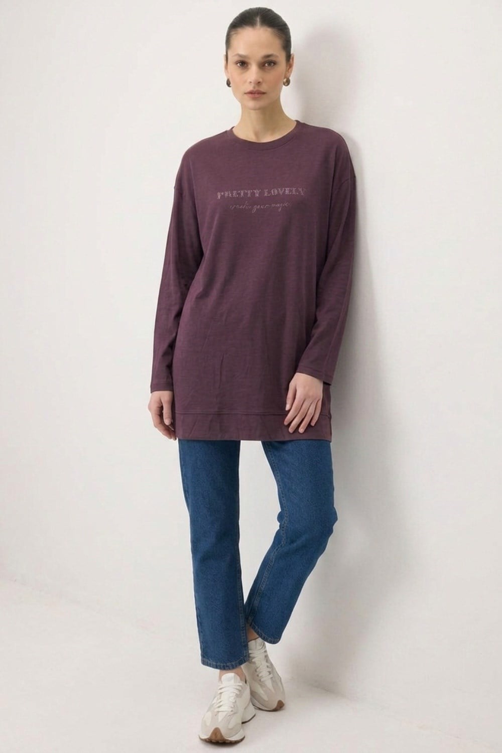 Baskılı Basıc Tunik 0037840 Mürdüm Tunik İKOLL 