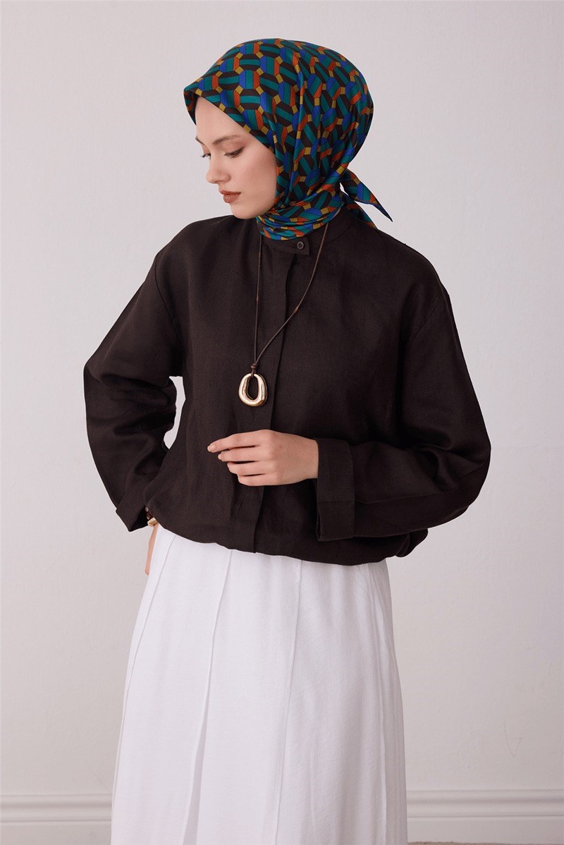 Belli 4407 Labirent Kareler Geometrik %100 Twill İpek Eşarp - Petrol Eşarp BELLI 