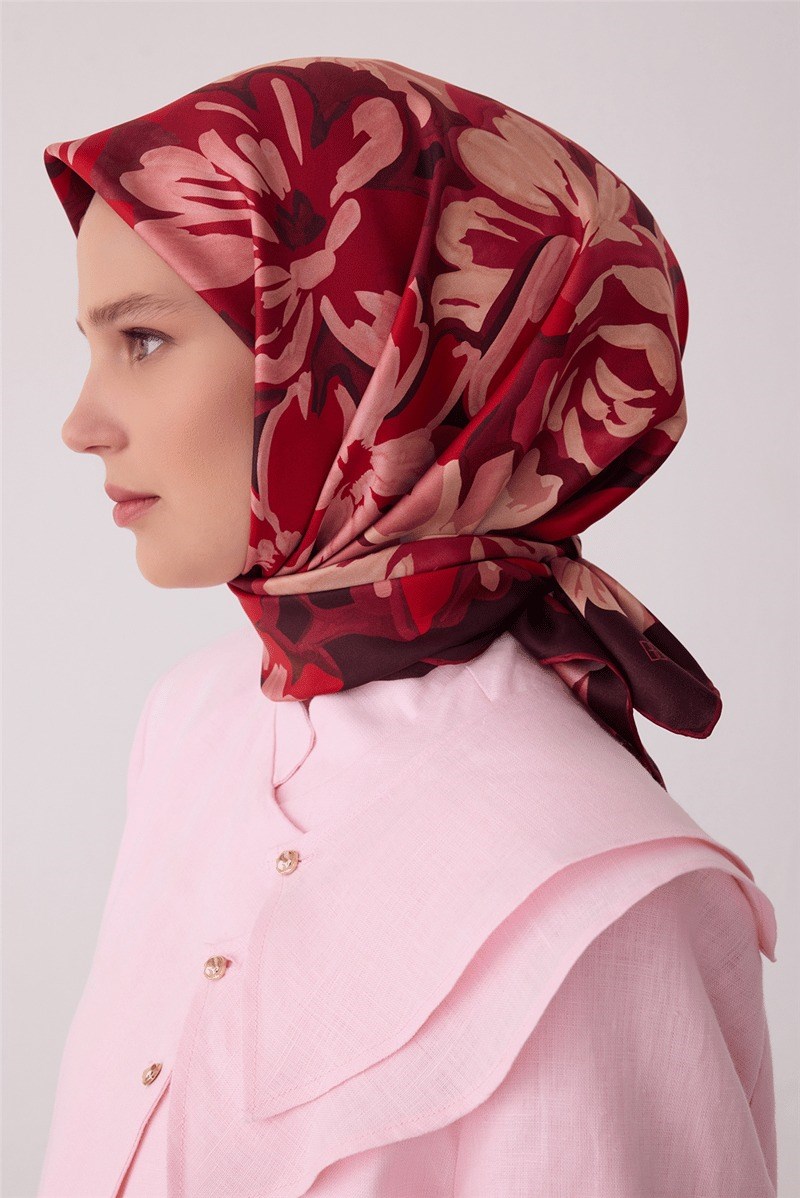 Belli 4416 Yapraklı Gül Çiçekli %100 Twill İpek Eşarp - Kırmızı Eşarp BELLI 