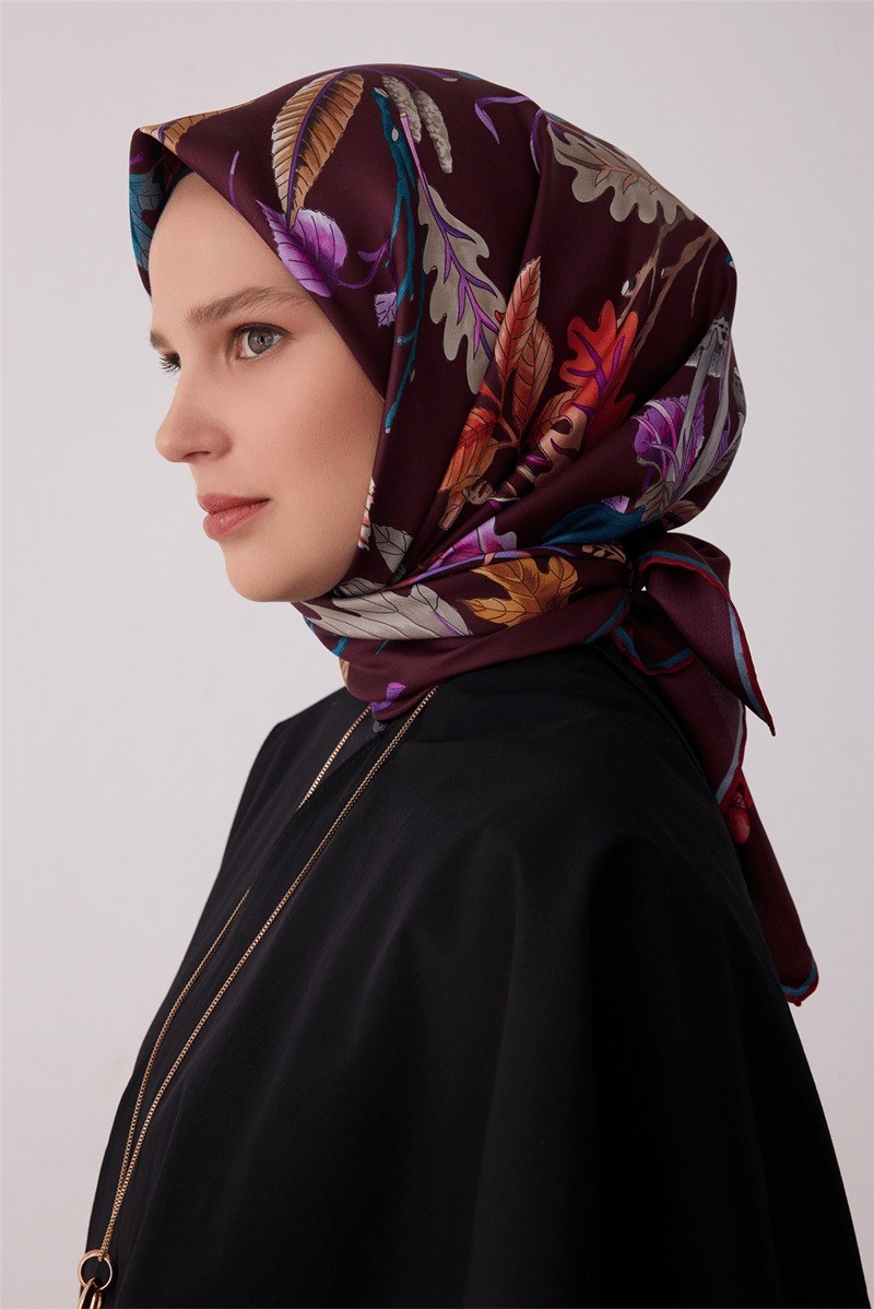 Belli 4412 Mermer Akış Soyut %100 Twill İpek Eşarp - Patlıcan Mor Eşarp BELLI 