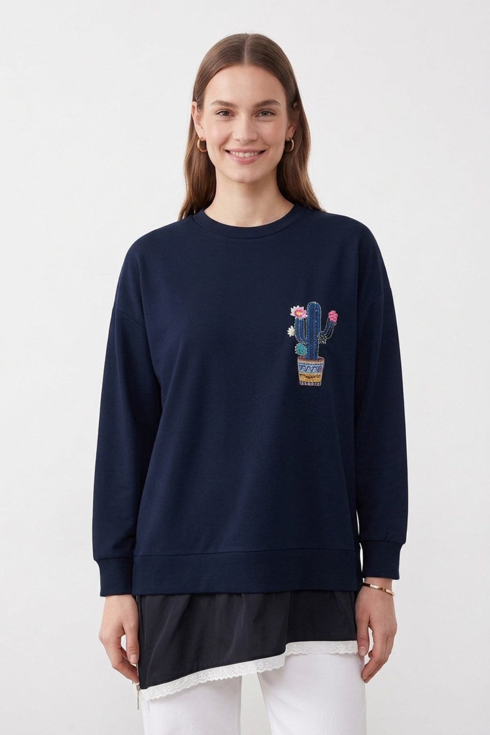 Etek Ucu Dantel Detay Kaktüs Tunik 10818 F.Navy Tunik PUANE 