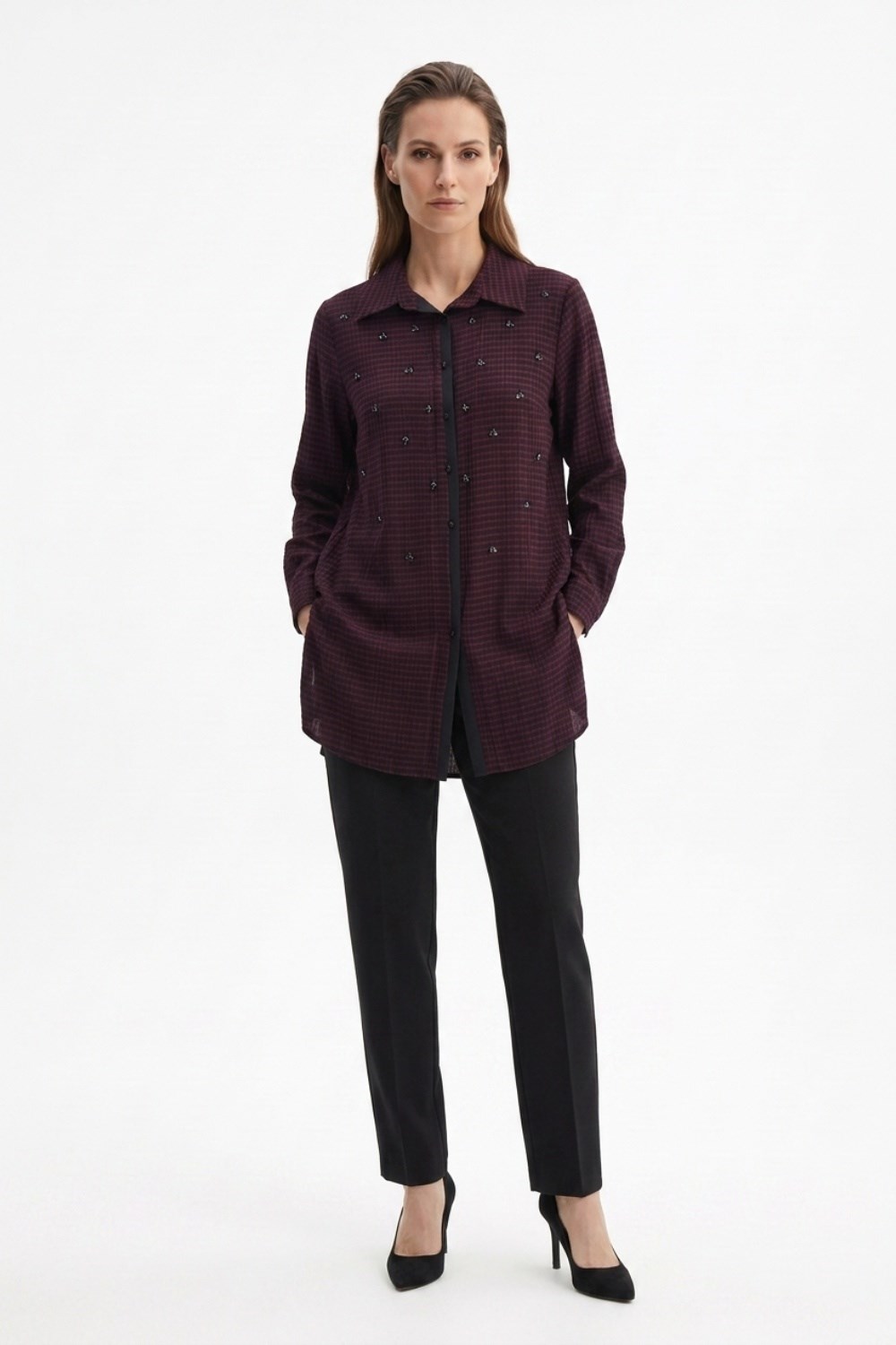 Fuat Gürşen 6304 Serpme Taş İşlemeli Tunik - Bordo Tunik FUAT GÜRŞEN 