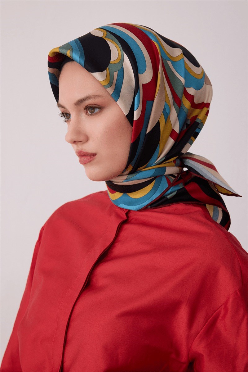 Belli 4414 Dalga Katmanları Soyut %100 Twill İpek Eşarp Yağ Yeşili Eşarp BELLI 