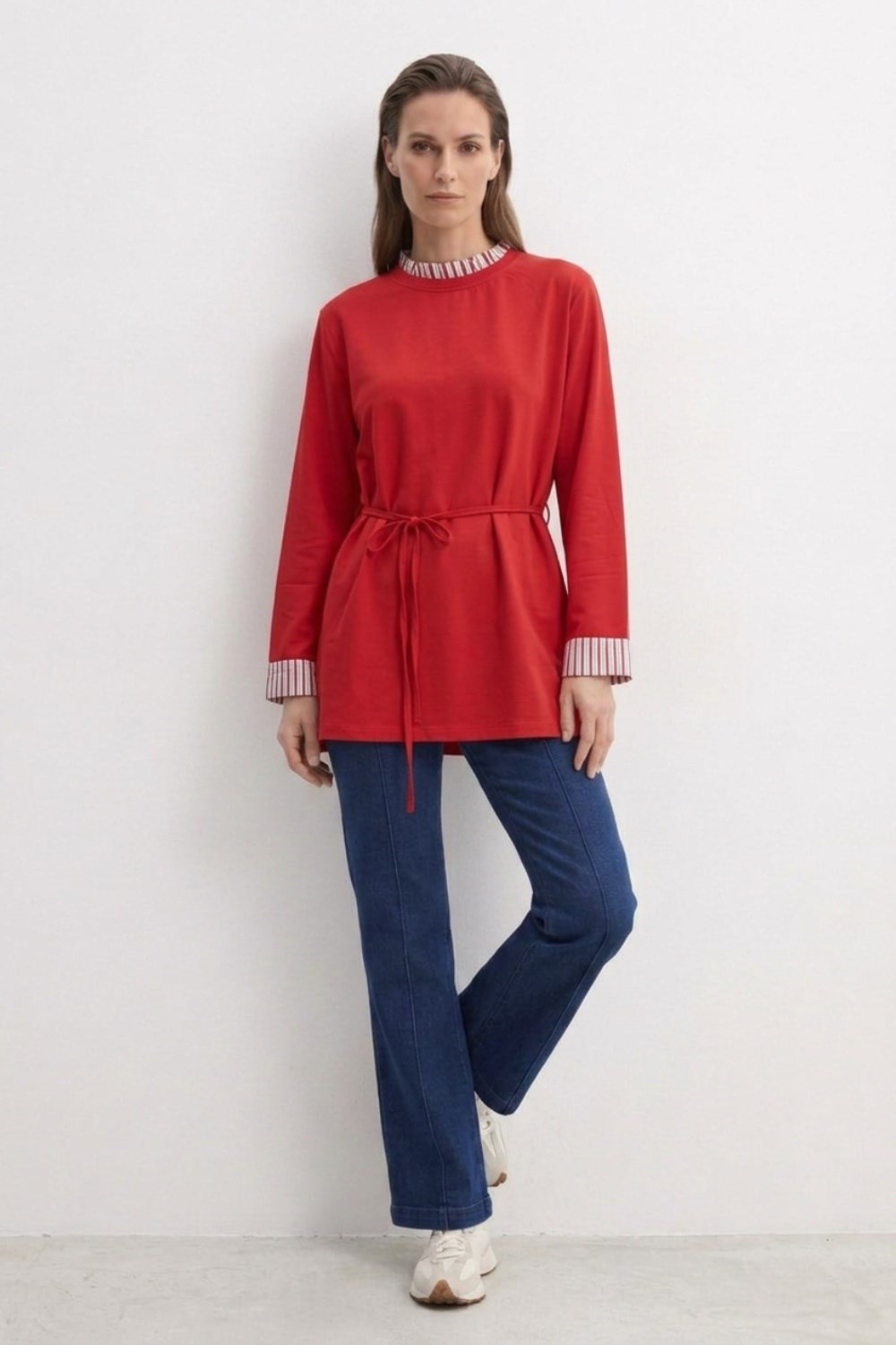 Yaka ve Kolları Çizgi Garnili Tunik 3521 Kırmızı Tunik Ekrutex 