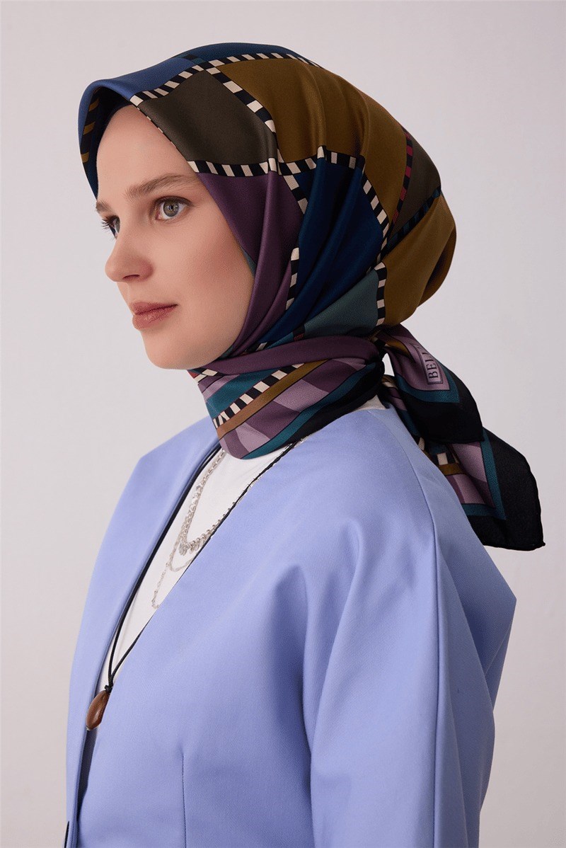 Belli 4419 Simetrik Mozaik Geometrik %100 Twill İpek Eşarp Haki Eşarp BELLI 