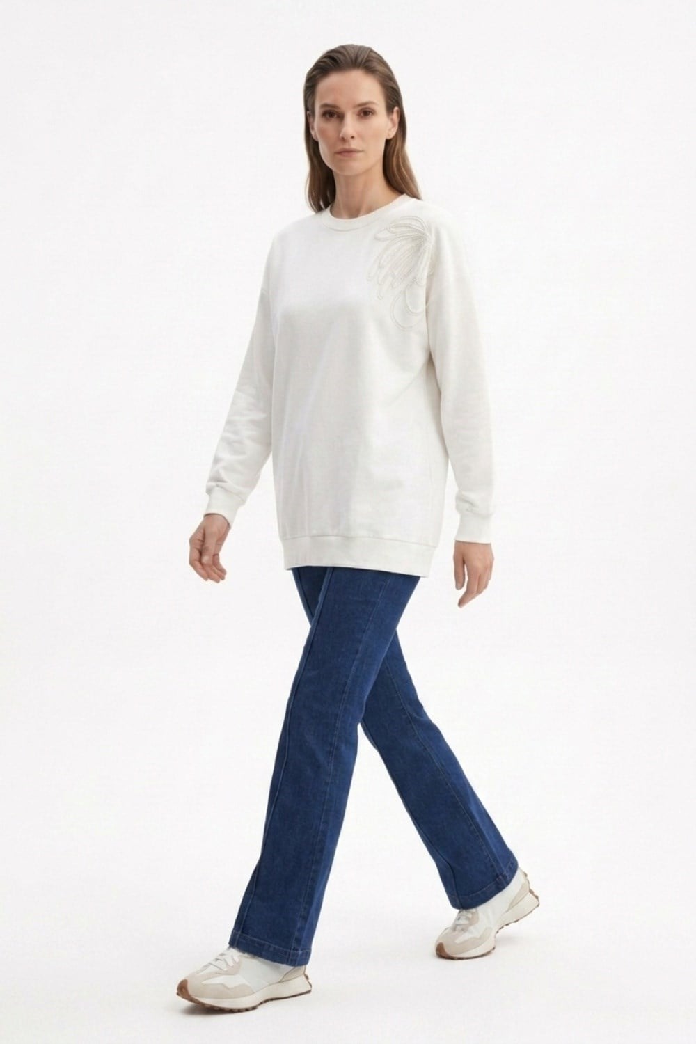 Tek Omuz İşlemeli İnce Sweat Tunik 3494 Ekru Tunik Ekrutex 