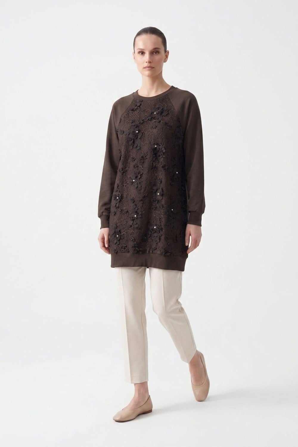 Ön Çiçek Tül Detay Tunik 10823 Browni Tunik PUANE 