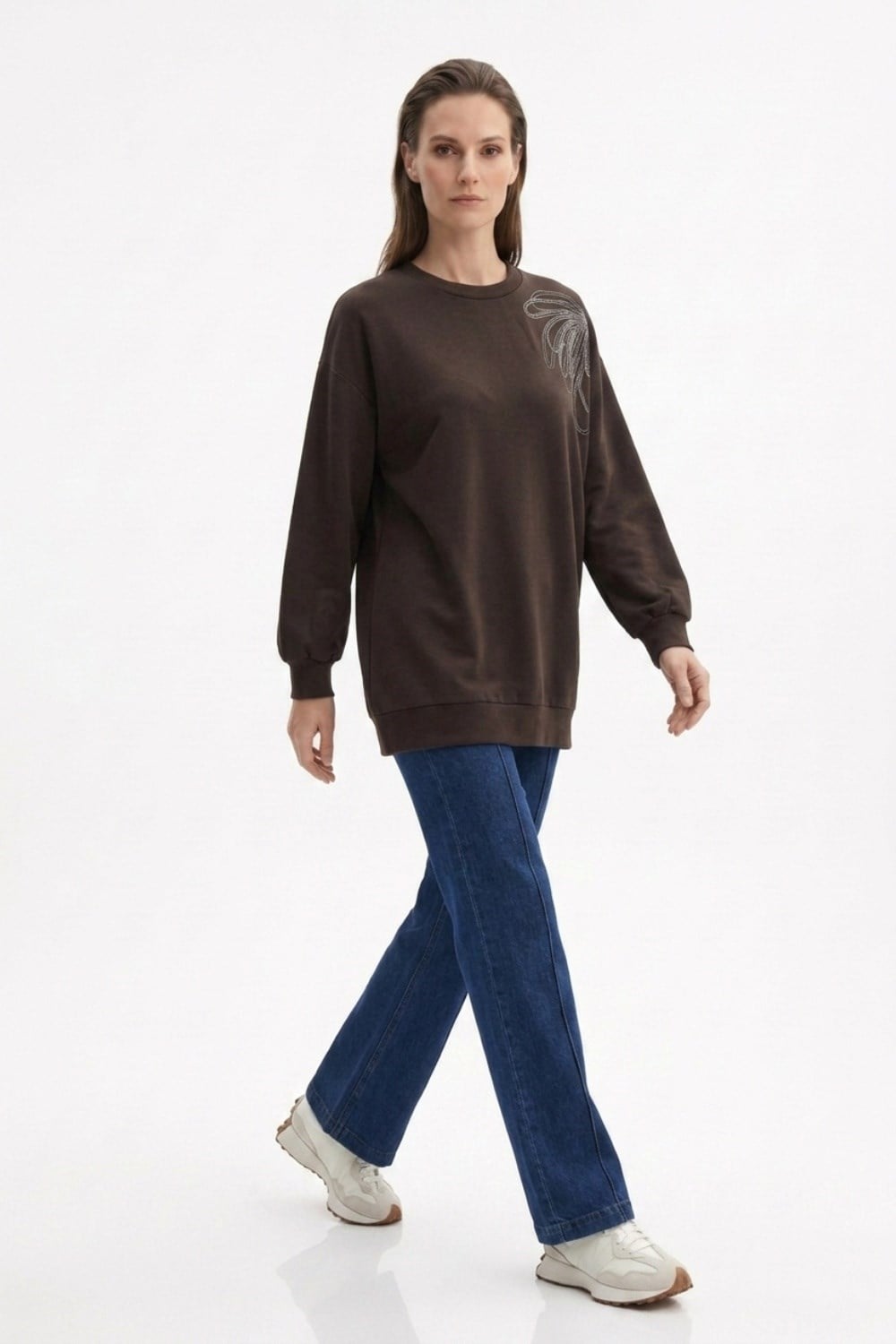Tek Omuz İşlemeli İnce Sweat Tunik 3494 Kahve Tunik Ekrutex 