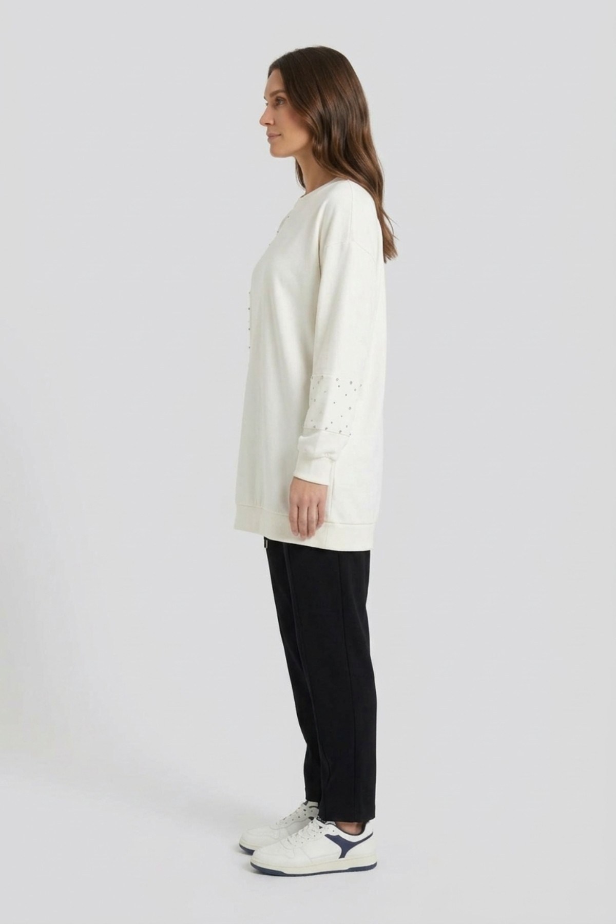Parçalı Taşlı S-Shırt 0034850 Ekru Tunik İKOLL 