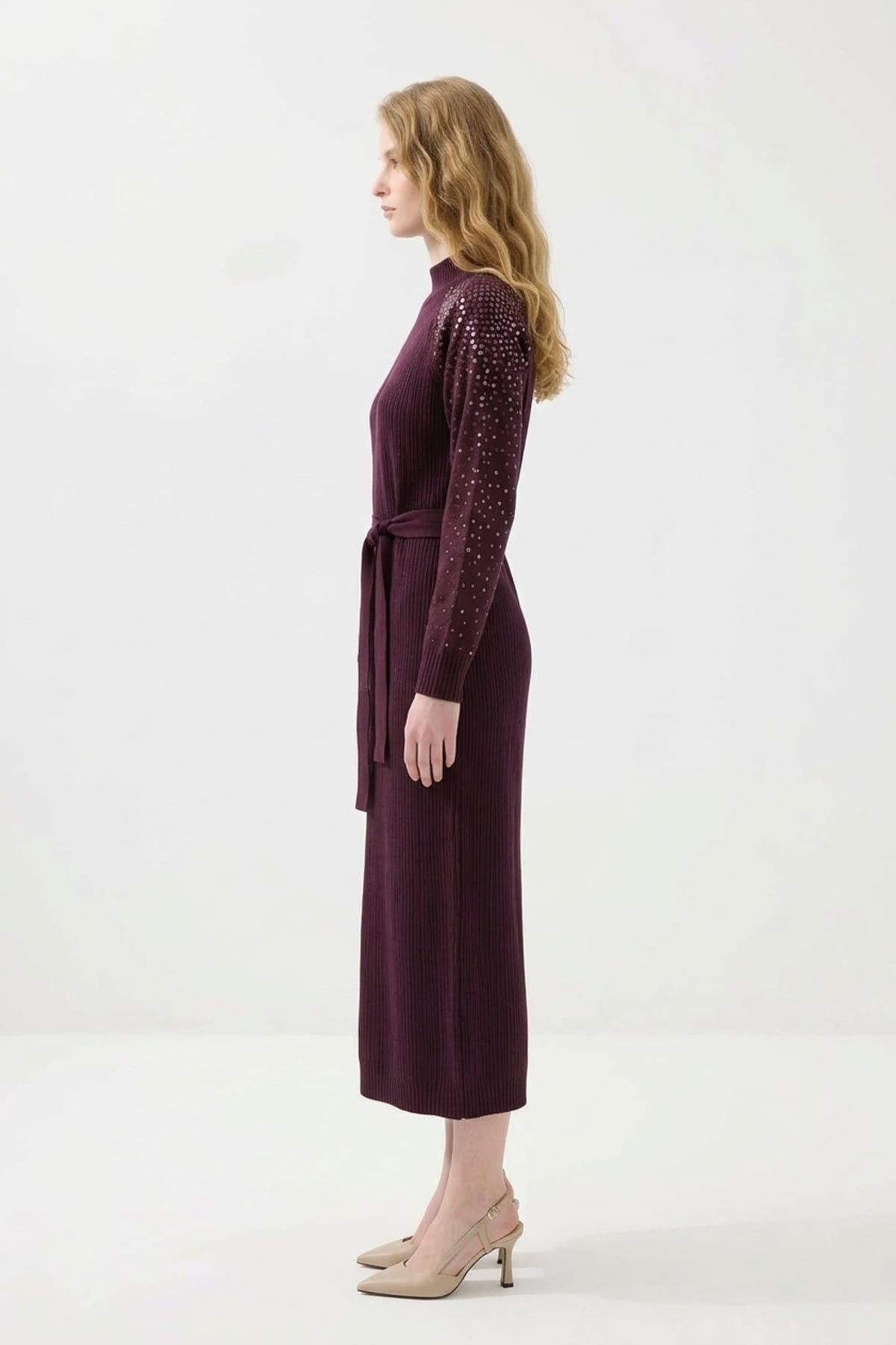 Fuat Gürşen 6925 Omuz ve Kol Payet Detay Elbise Mürdüm Elbise FUAT GÜRŞEN 