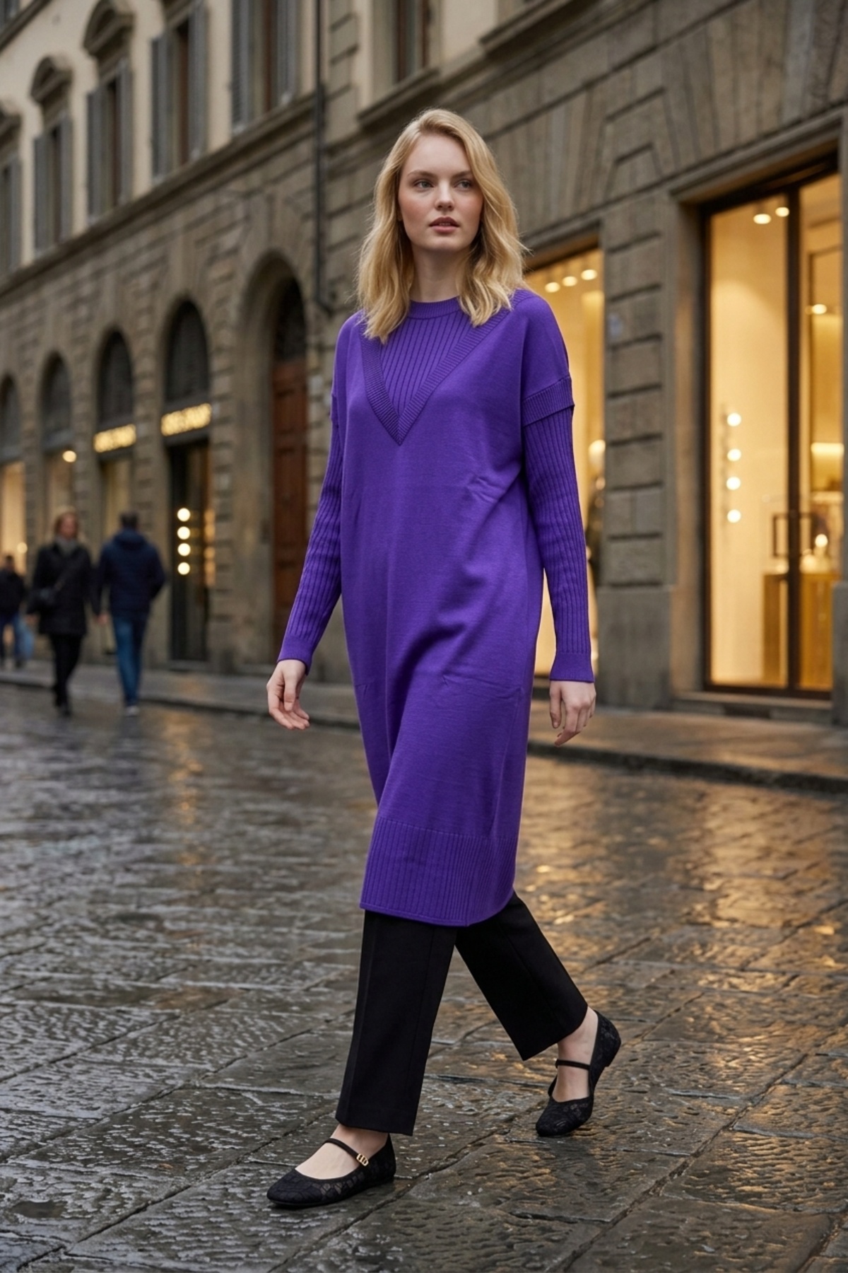 Ön V Detay Uzun Tunik 35326 Mor Tunik Miss Knit 