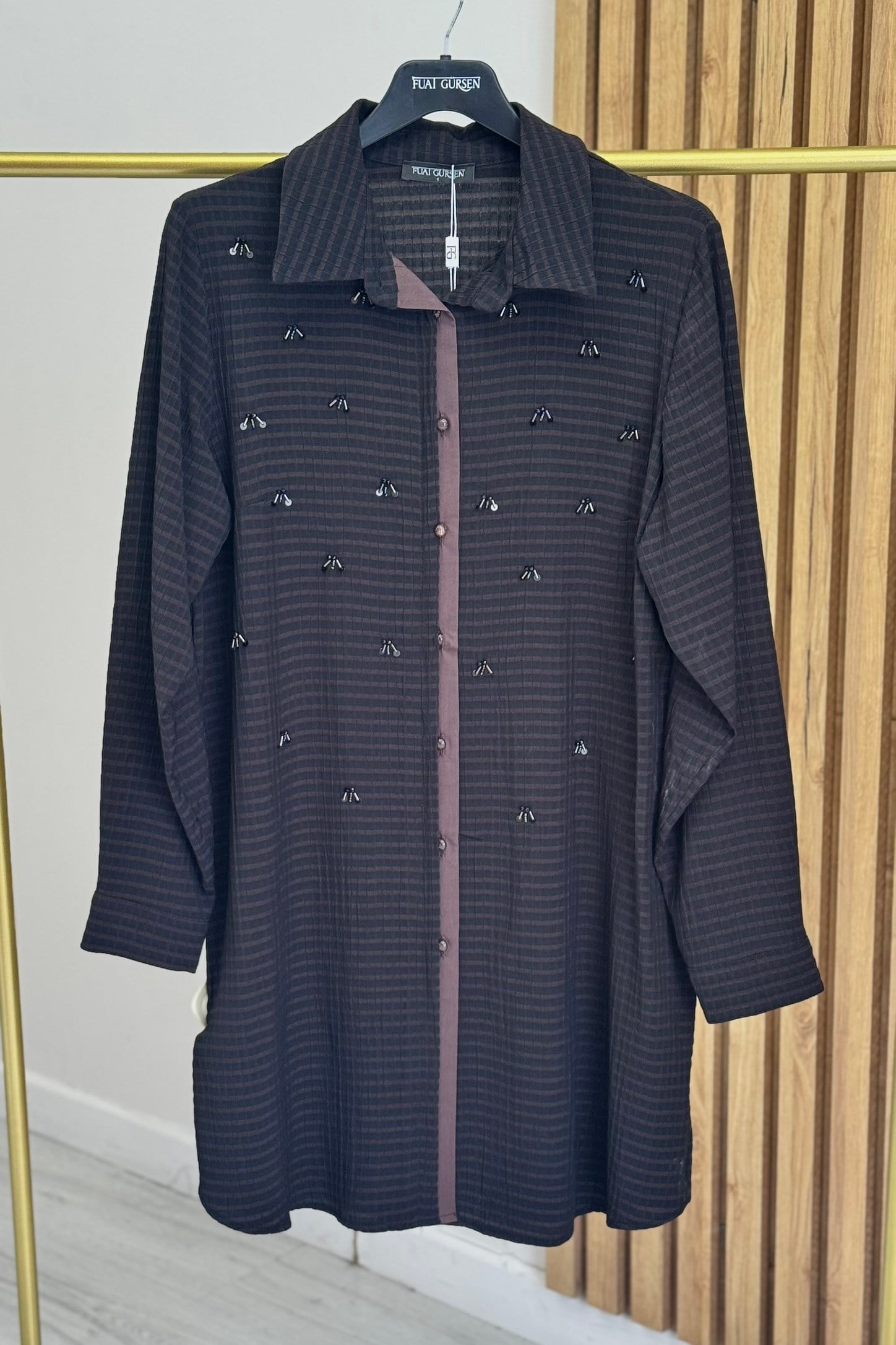 Fuat Gürşen 6304 Serpme Taş İşlemeli Tunik - Kahve Tunik FUAT GÜRŞEN 