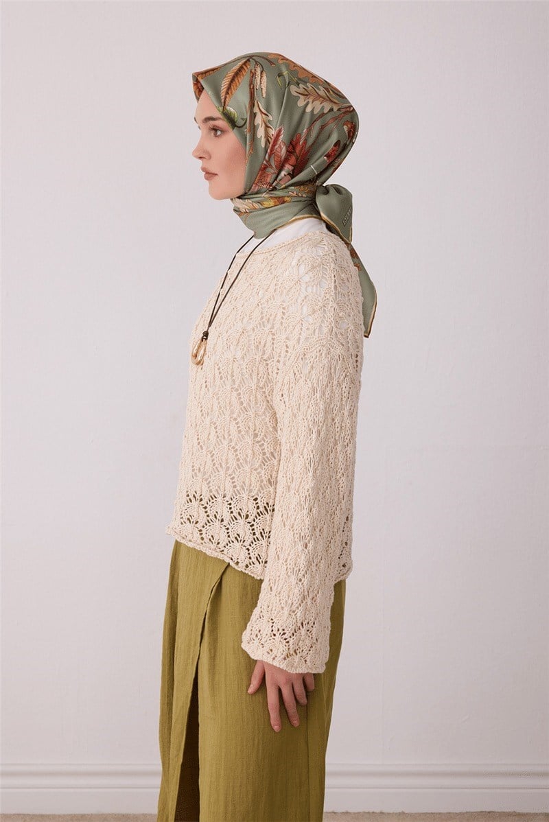 Belli 4412 Mermer Akış Soyut %100 Twill İpek Eşarp - Yeşil Eşarp BELLI 