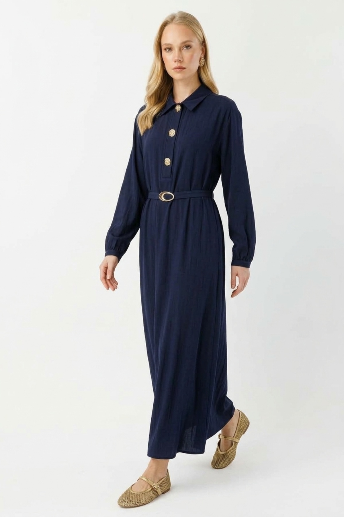 Düğme Detaylı Denim Görünümlü Elbise 0037052 Lacivert Elbise İKOLL 