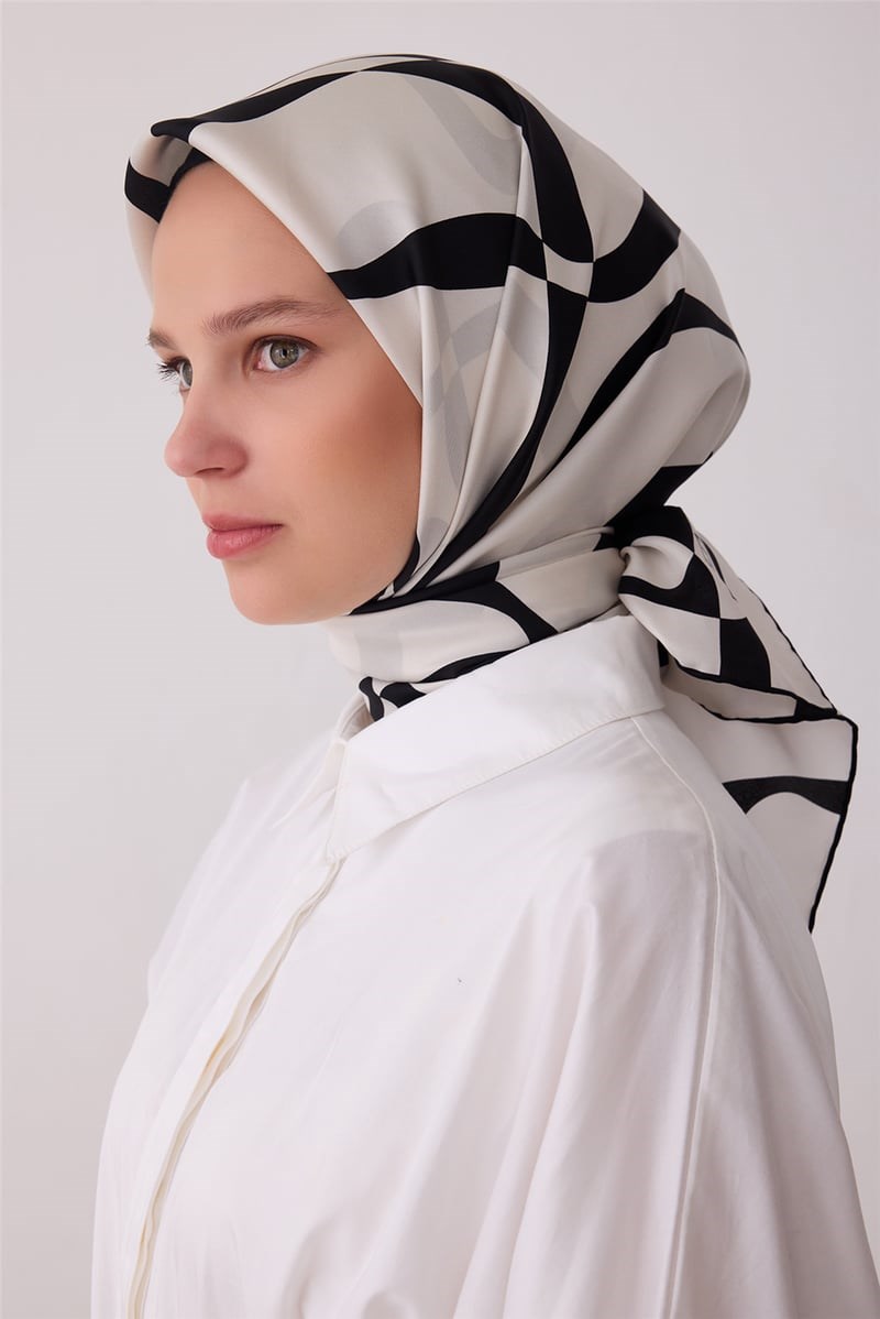 Belli 4429 Fırça Akışı Soyut %100 Twill İpek Eşarp - Ekru Eşarp BELLI 