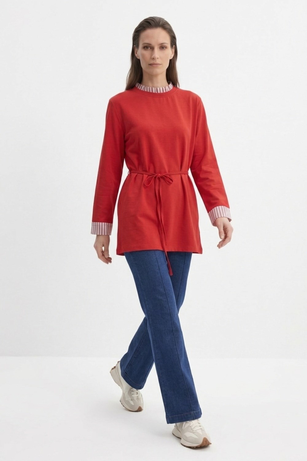 Yaka ve Kolları Çizgi Garnili Tunik 3521 Kırmızı Tunik Ekrutex 